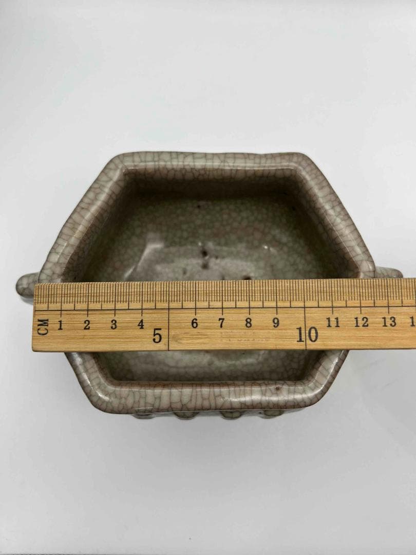 宋時代　青磁　汝官窯 氷裂紋 支釘焼き 双螭龍耳 鼓釘六方香炉(C-61)