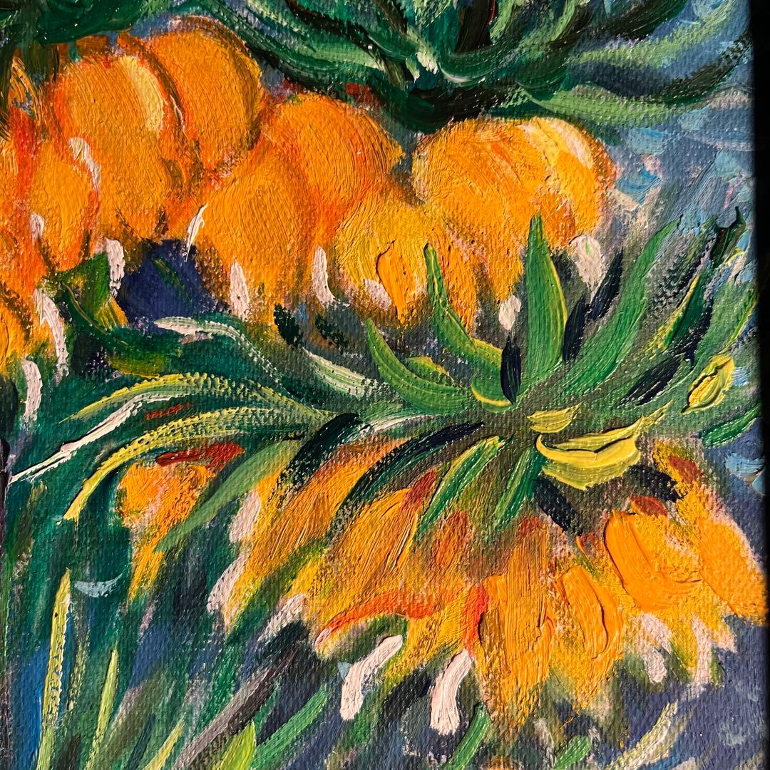 ★秀作★ 手書き油絵 ゴッホ 銅の花瓶のアミガサユリ 額付 肉筆絵画 油彩画