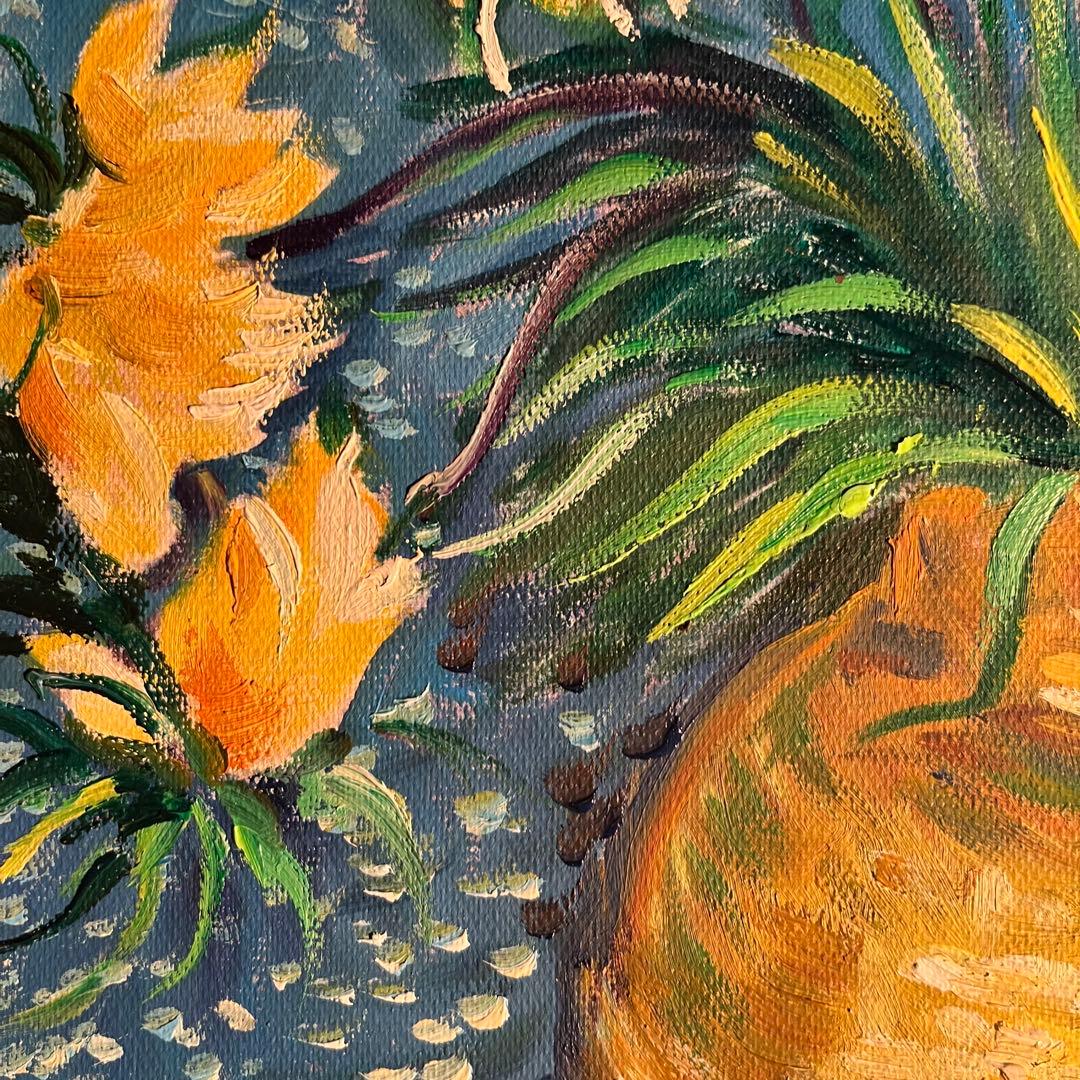 ★秀作★ 手書き油絵 ゴッホ 銅の花瓶のアミガサユリ 額付 肉筆絵画 油彩画