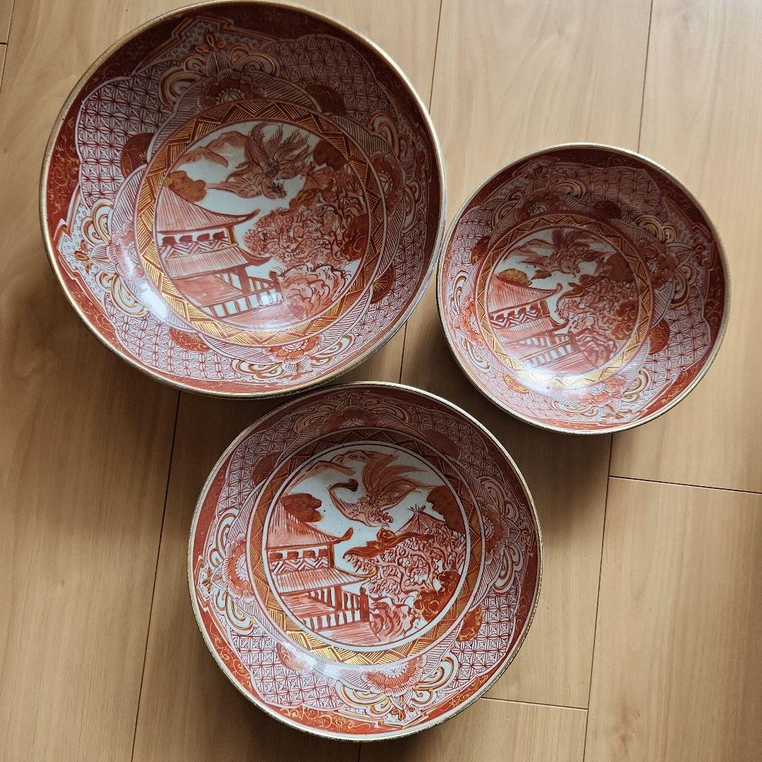 九谷金彩赤絵鳳凰楼閣文様三重鉢