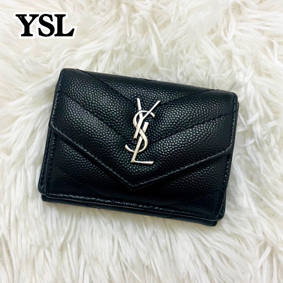 極美✨サンローラン 三つ折り財布 Vステッチ カサンドラ レザー 黒
