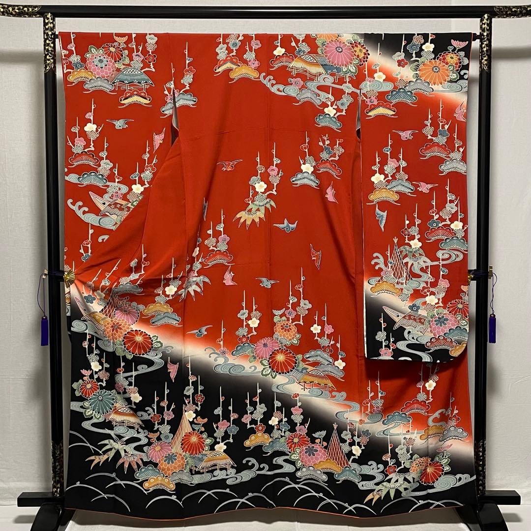 D796 振袖　紅型　正絹　着物　袷　極美品