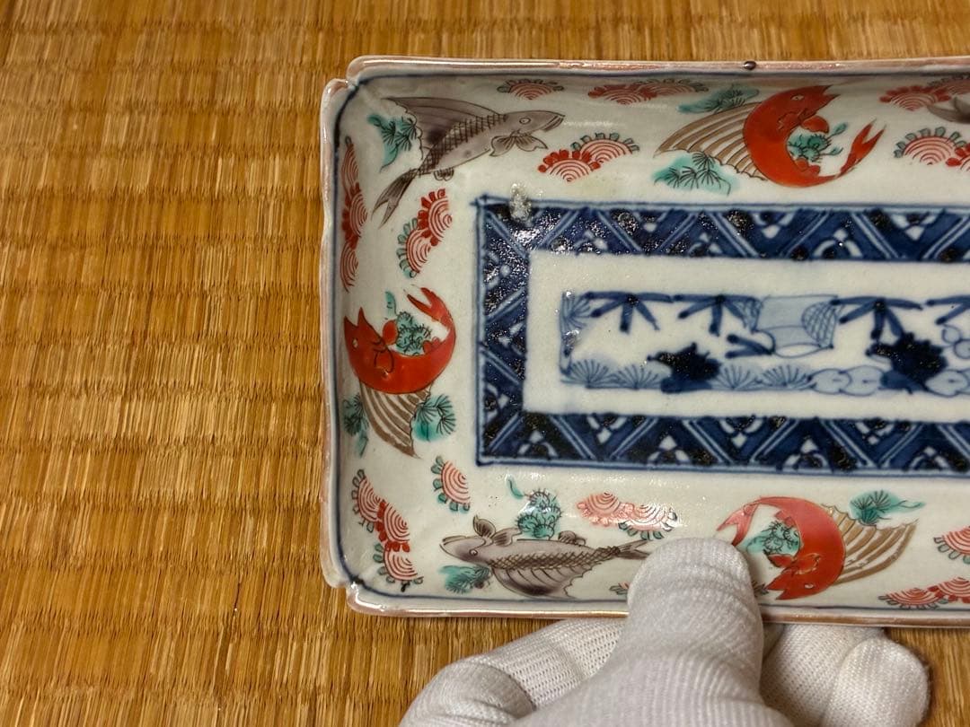 古伊万里 魚紋 風景図 色絵 長皿 丸皿 二点