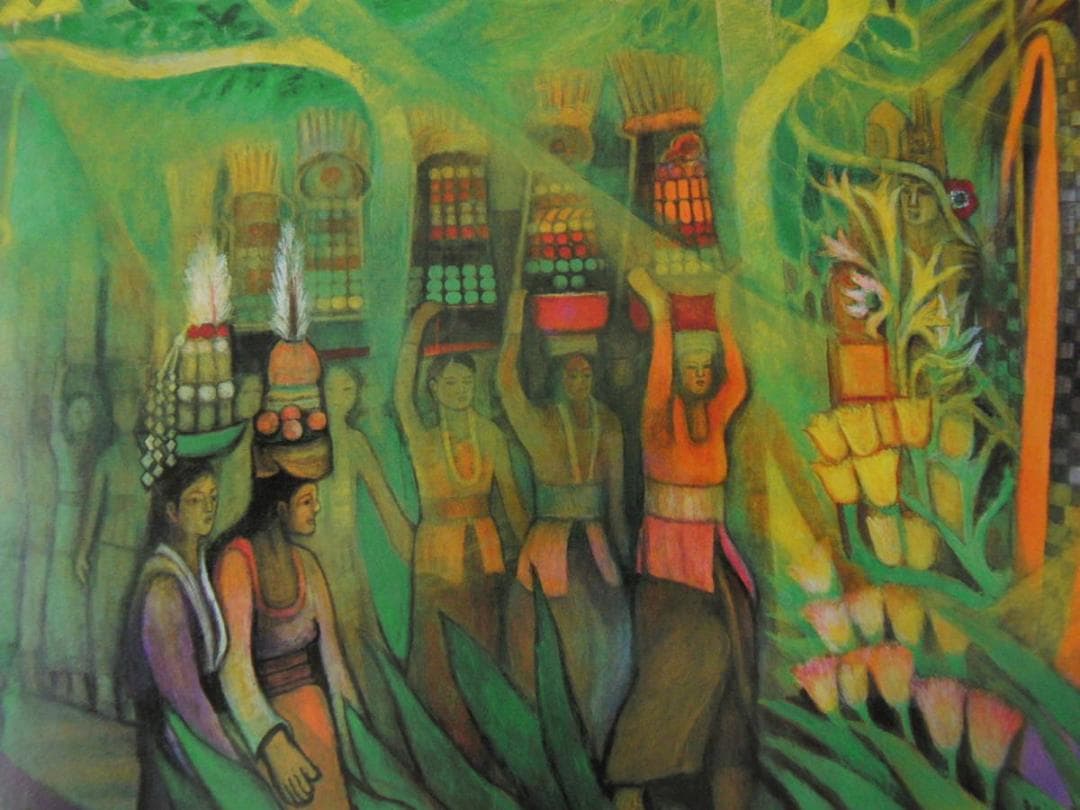 入江一子、【バリ・ガルガンまつりの日】、希少な額装用画集より、新品額装付