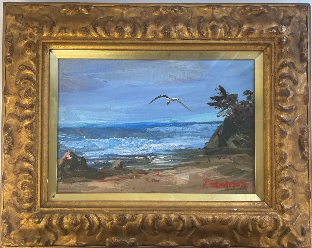 期間限定　値下げ　坂本唯市作　海の油絵　かもめ　「真作」　220ｍｍ×160ｍｍ