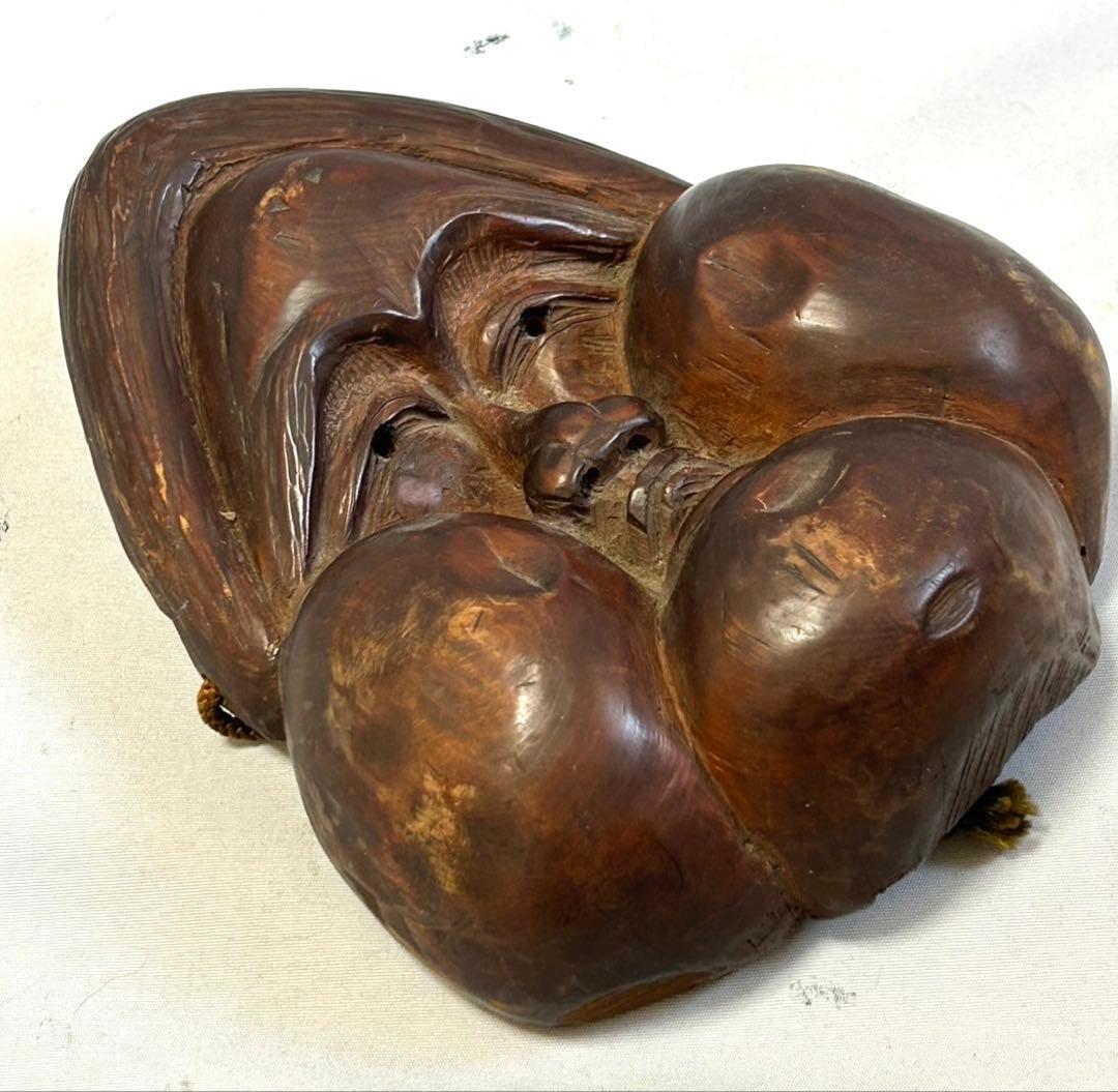 古い木彫　おかめ　在銘