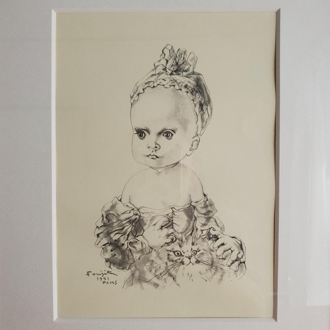 藤田嗣治 猫と少女 1951 Paris 石版画 リトグラフ 君代コレクション