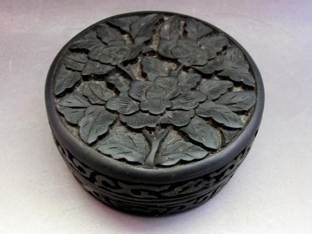 香合■鳥井 木彫り 牡丹 唐草 古い丸香合 お茶道具 古美術 時代物 骨董品■