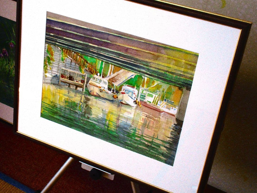 水彩画の風景 ボートと水面の反射