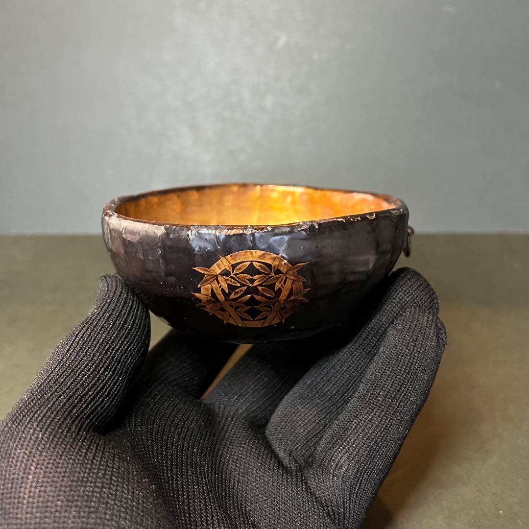 江戸期 木製 金蒔絵 笹丸紋 道中盃◎提げ環付 刳貫き 時代漆器◎古美術庵々