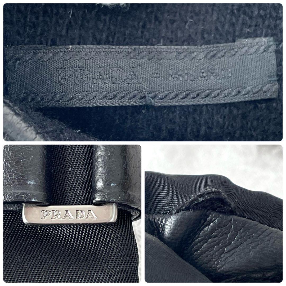 超希少✨プラダ　手袋　羊革　カシミヤ　ナイロン　ベルト　ロゴ刻印　黒