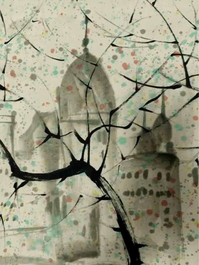 中国古画 珍品旧蔵 肉筆 呉冠中抽象 スケッチ【パリの星 ロマンチックな都 】