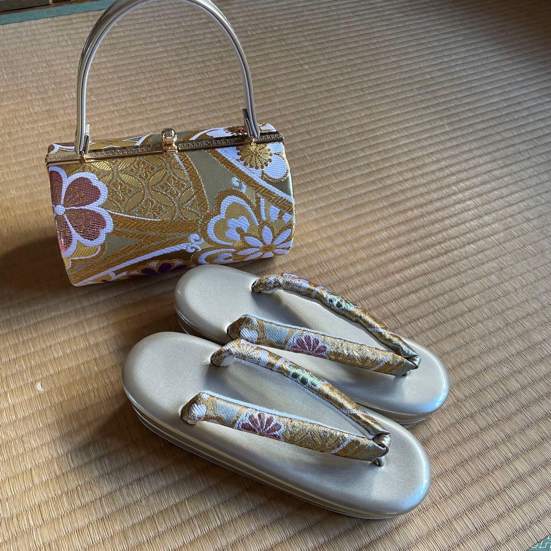 草履バッグセット 振袖用 帯地 ゴールド 古典 フリーサイズ w49-1
