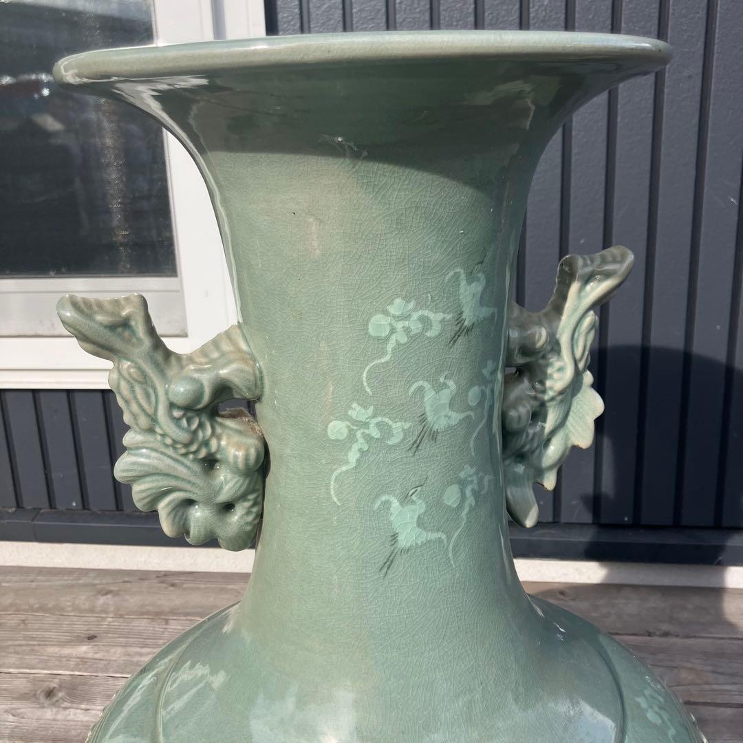 青山作 特大壺 高麗青磁 透かし 雲鶴紋 二層網目 花瓶 網目彫 緑色 双耳大型