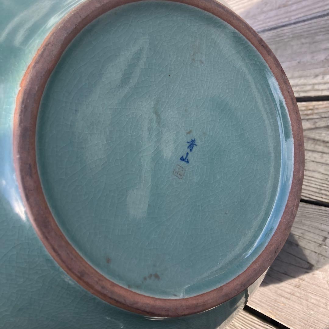 青山作 特大壺 高麗青磁 透かし 雲鶴紋 二層網目 花瓶 網目彫 緑色 双耳大型