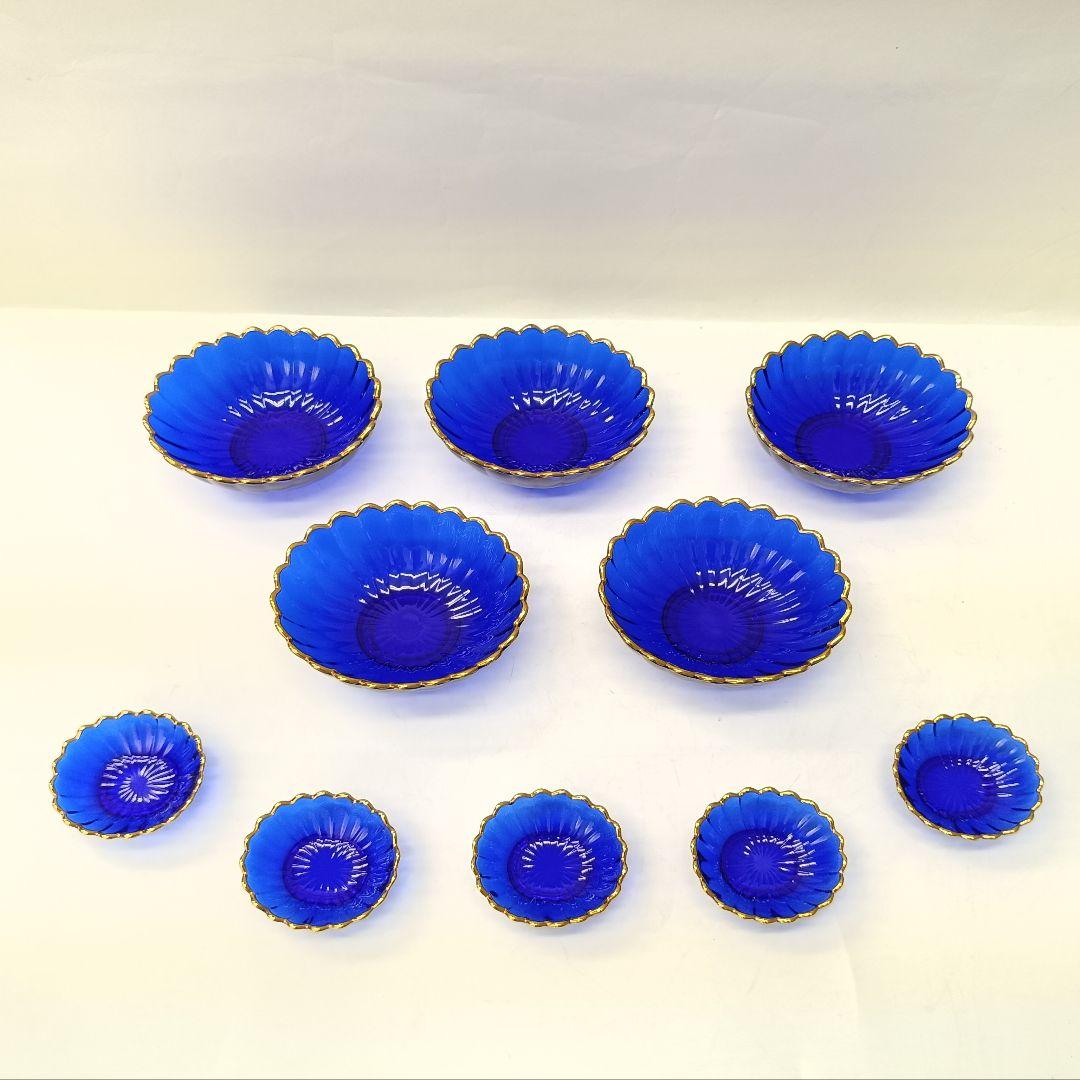 【保管品】天金 菊小判 のぞき 洗鉢 ルリ 瑠璃ガラス 各5客 箱入