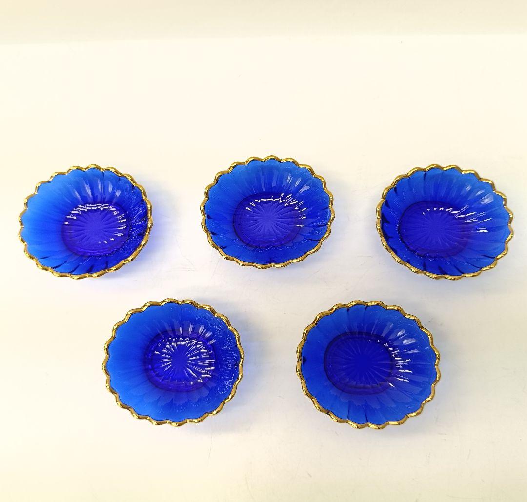 【保管品】天金 菊小判 のぞき 洗鉢 ルリ 瑠璃ガラス 各5客 箱入