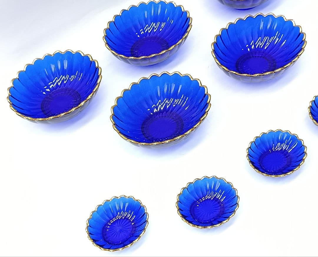 【保管品】天金 菊小判 のぞき 洗鉢 ルリ 瑠璃ガラス 各5客 箱入