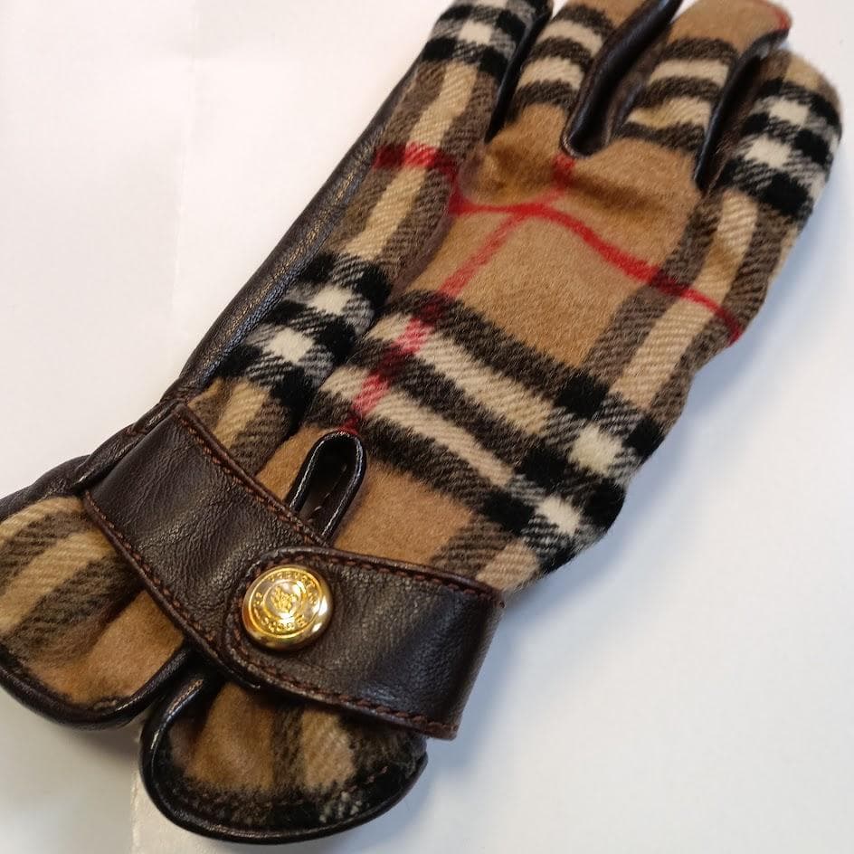 【BURBERRY】チェック柄カーフレザー手袋 M イタリア製