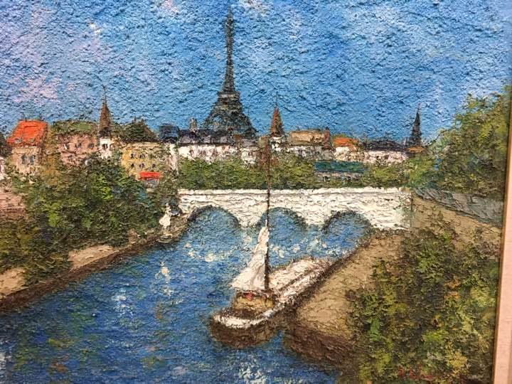油彩作品 渡邊ひでき パリの街 セーヌ川  絵の具超厚塗り仕上げ