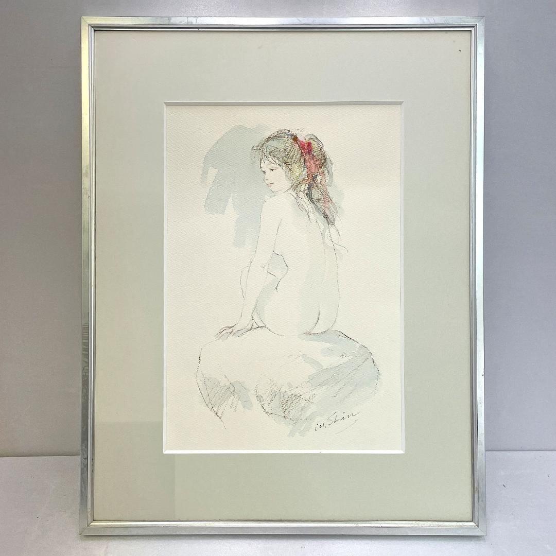 【真作】進徹　赤いリボンの裸婦　水彩、パステル画