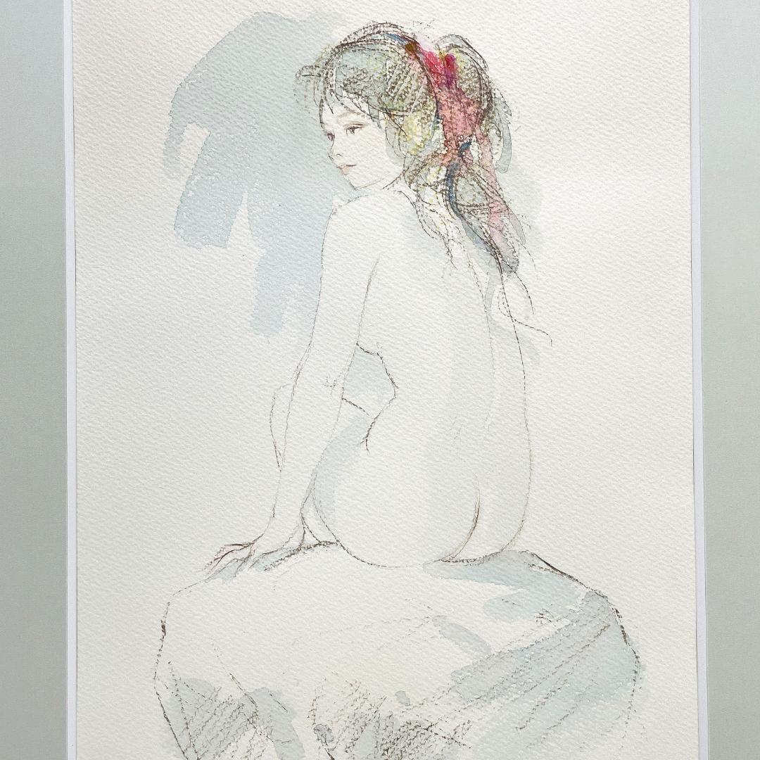 【真作】進徹　赤いリボンの裸婦　水彩、パステル画