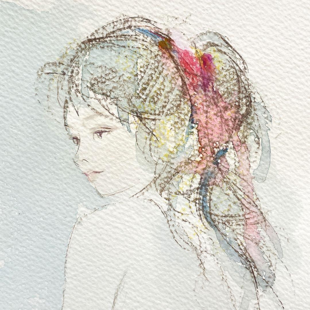 【真作】進徹　赤いリボンの裸婦　水彩、パステル画