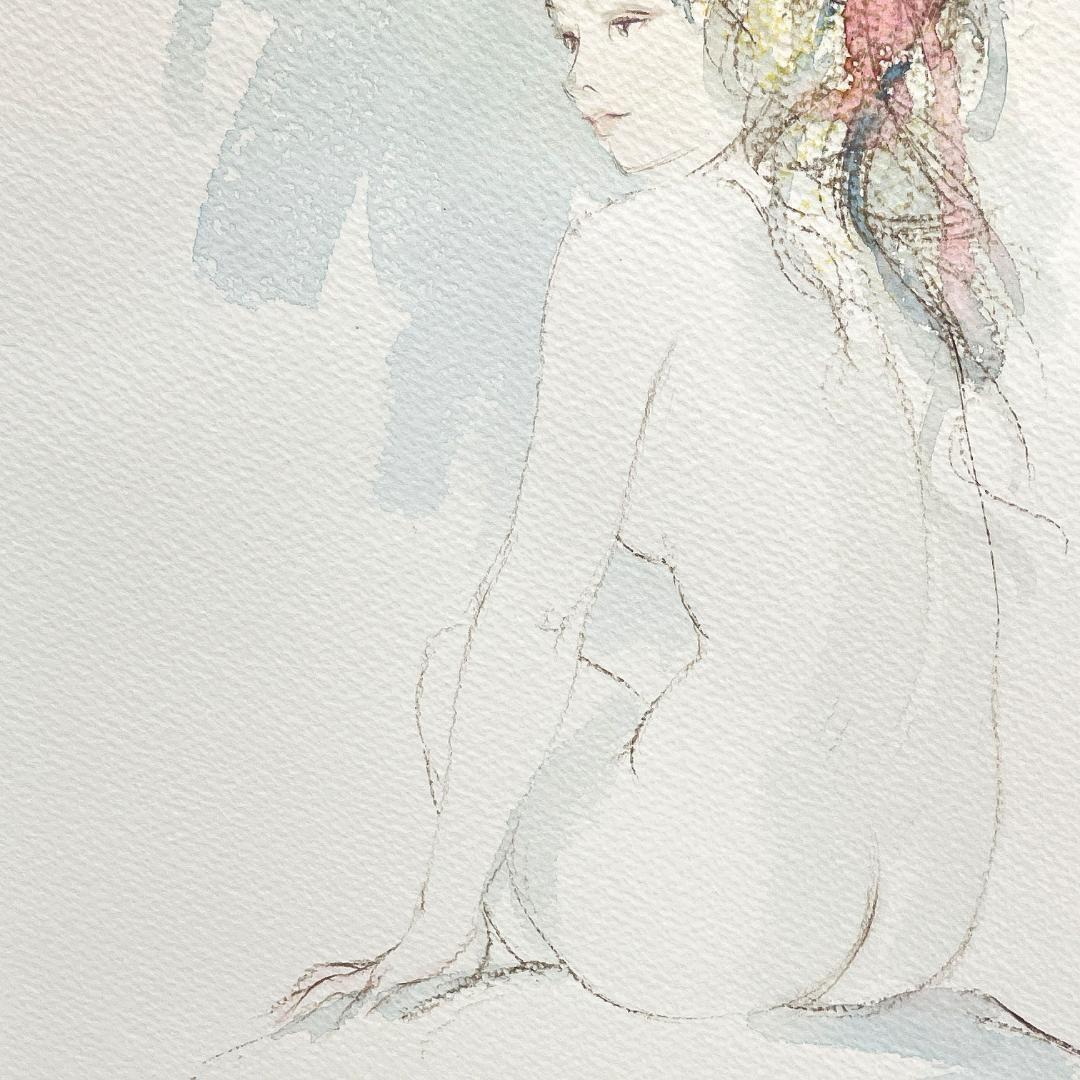 【真作】進徹　赤いリボンの裸婦　水彩、パステル画