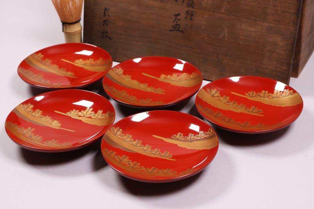 【CM230】木製漆器 若松と梅 金蒔絵 朱塗 引盃 五客 天然木 盃 杯 懐石