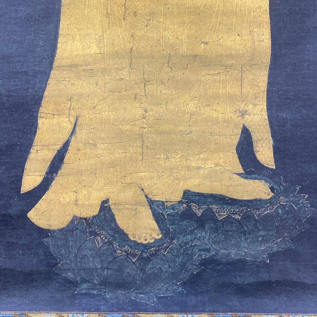 美品 掛け軸 紺紙 阿弥陀如来図 仏画 仏教美術 美術館監修 年中掛け