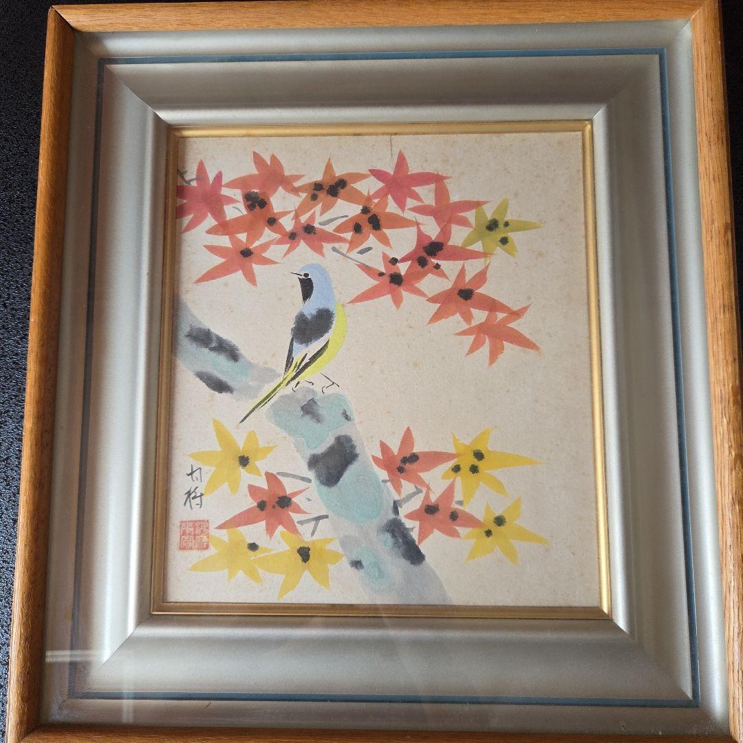 額付き紅葉と鳥日本画