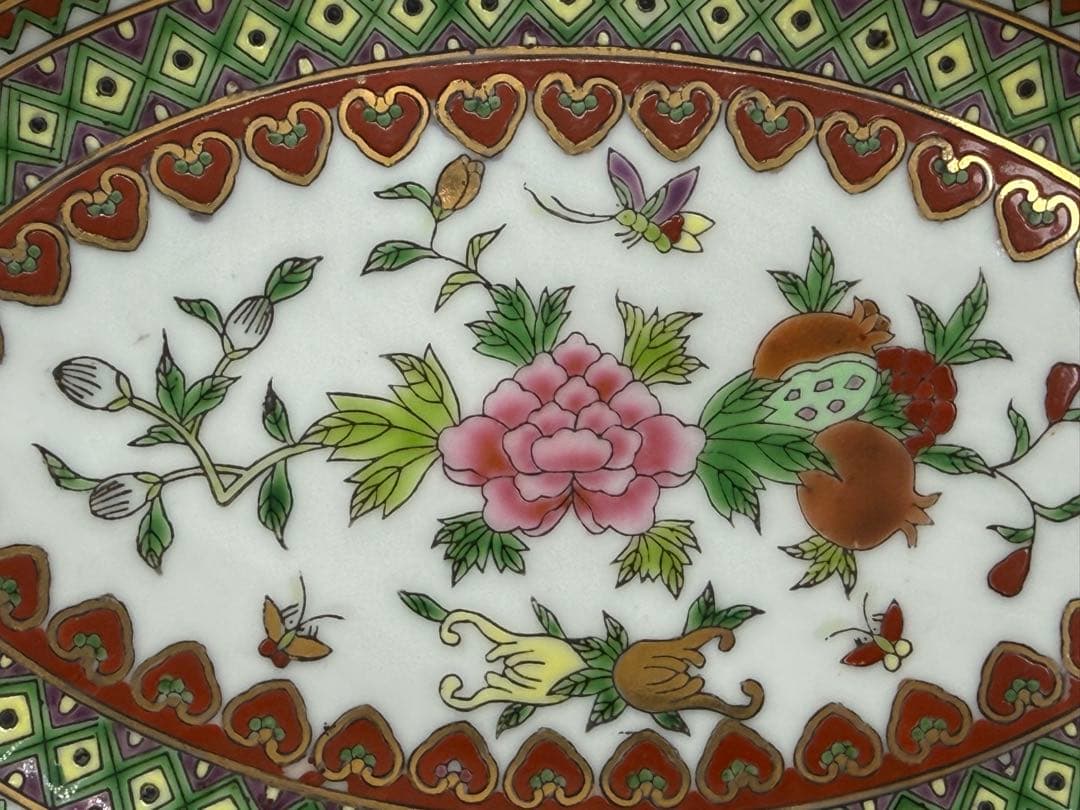 中国　1970年代　景徳鎮製　粉彩花果紋楕円形お皿2点&鉢1点　送料込み0104