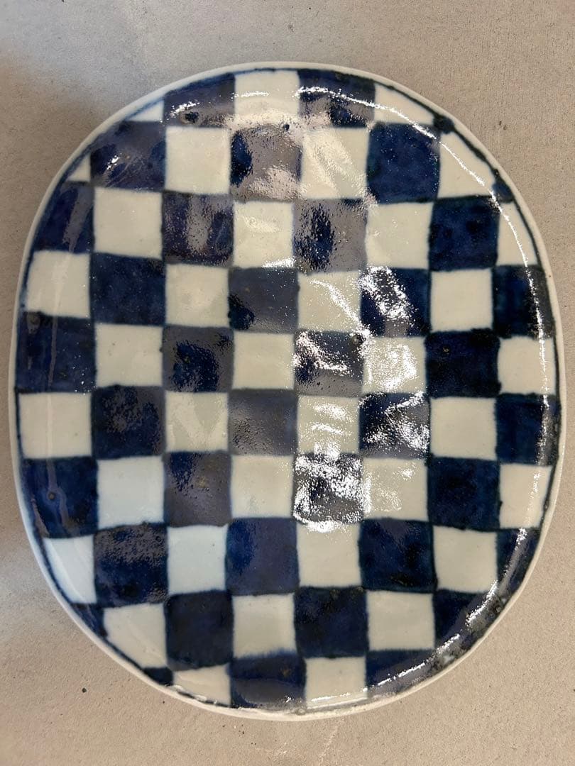 美品 未使用 村田森さん 染付市松角丸皿
