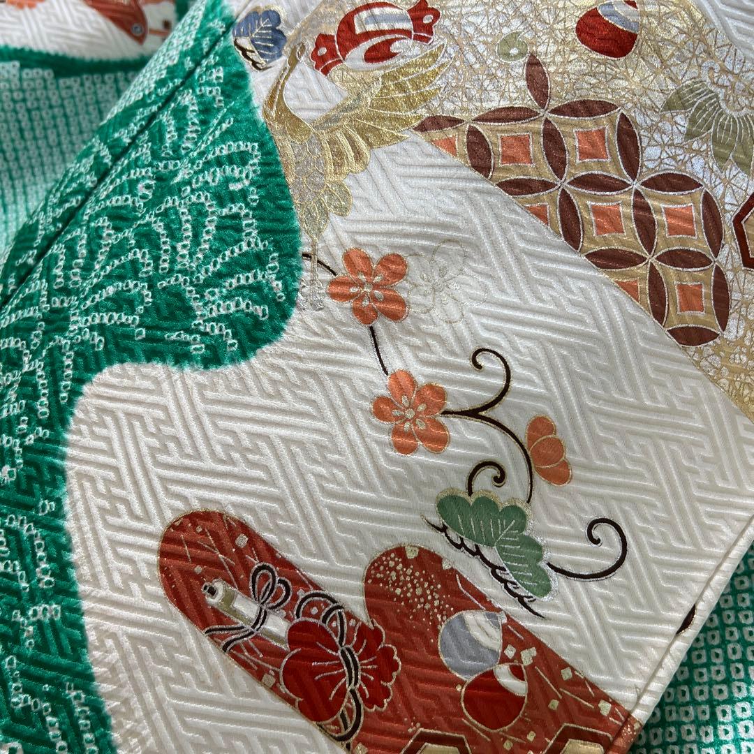 461 振袖フルセット 正絹 緑 グリーン 絞り 金彩 駒刺繍 やまと レトロ