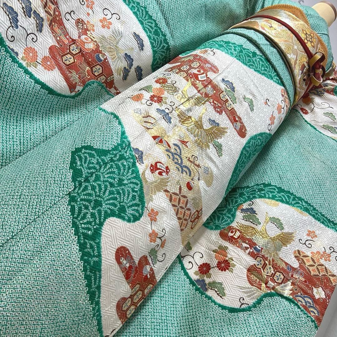 461 振袖フルセット 正絹 緑 グリーン 絞り 金彩 駒刺繍 やまと レトロ