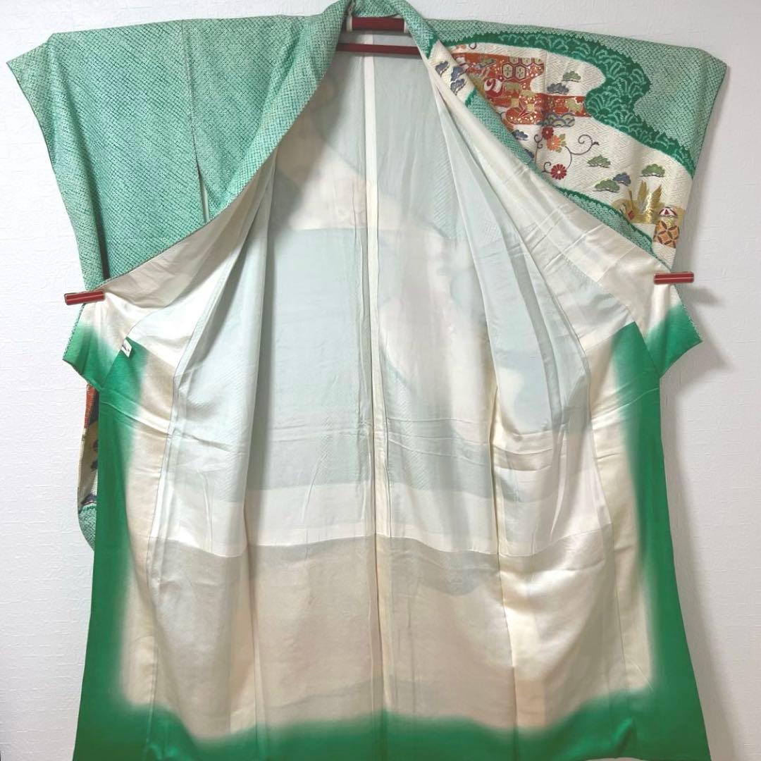 461 振袖フルセット 正絹 緑 グリーン 絞り 金彩 駒刺繍 やまと レトロ