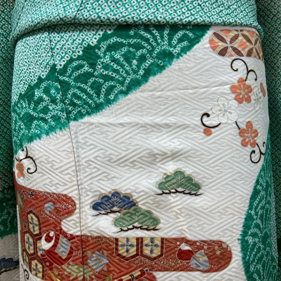 461 振袖フルセット 正絹 緑 グリーン 絞り 金彩 駒刺繍 やまと レトロ