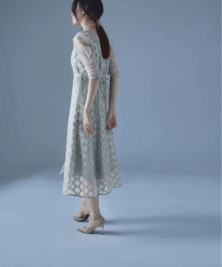 Floral diagonal check flare dress グレー