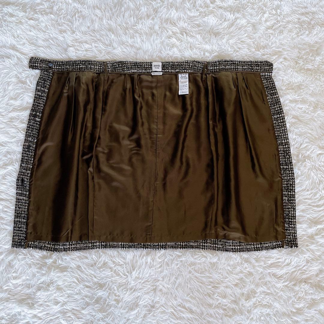 希少✨美品【エルメス】カシミヤウールツイードラップスカート シルク ブラウン34