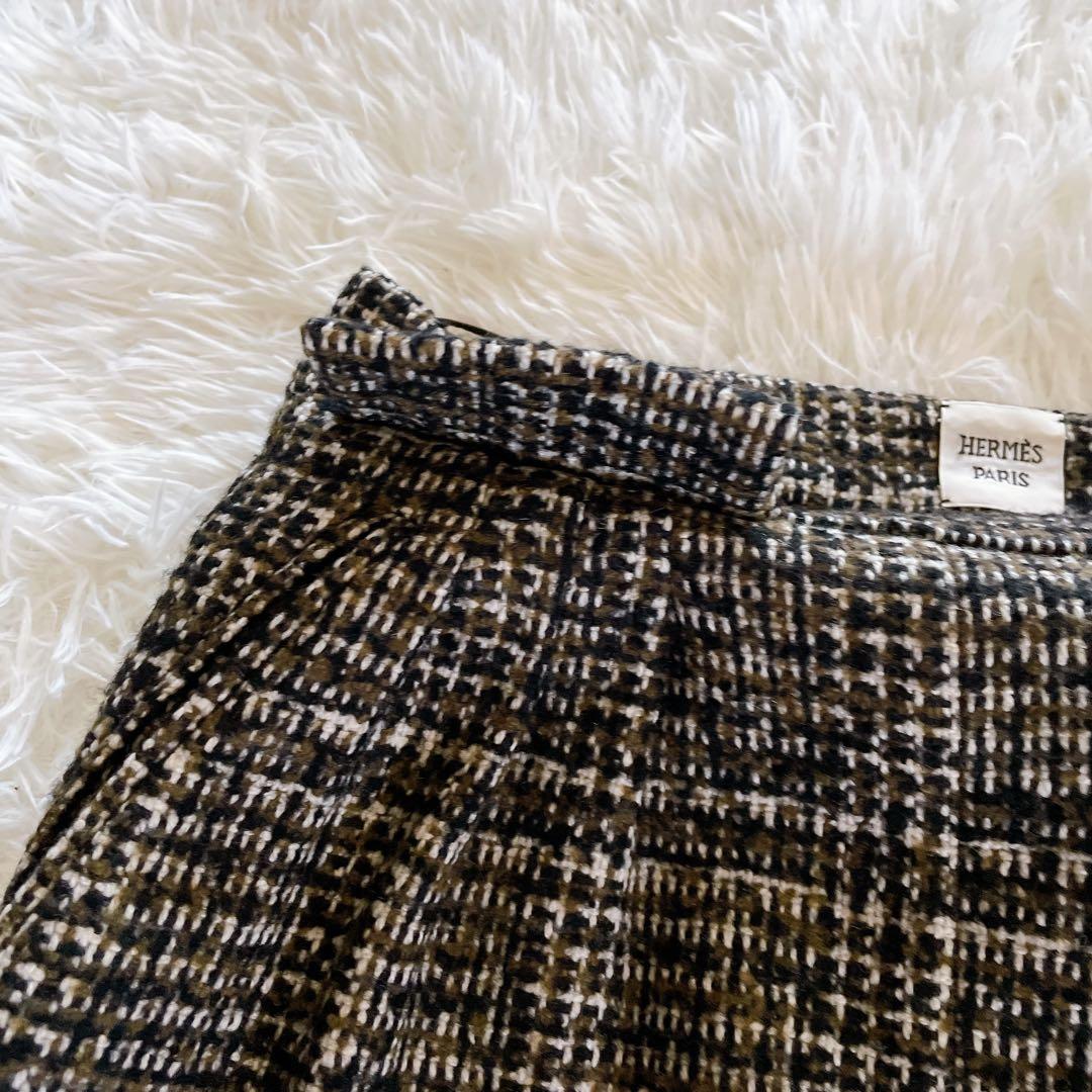 希少✨美品【エルメス】カシミヤウールツイードラップスカート シルク ブラウン34