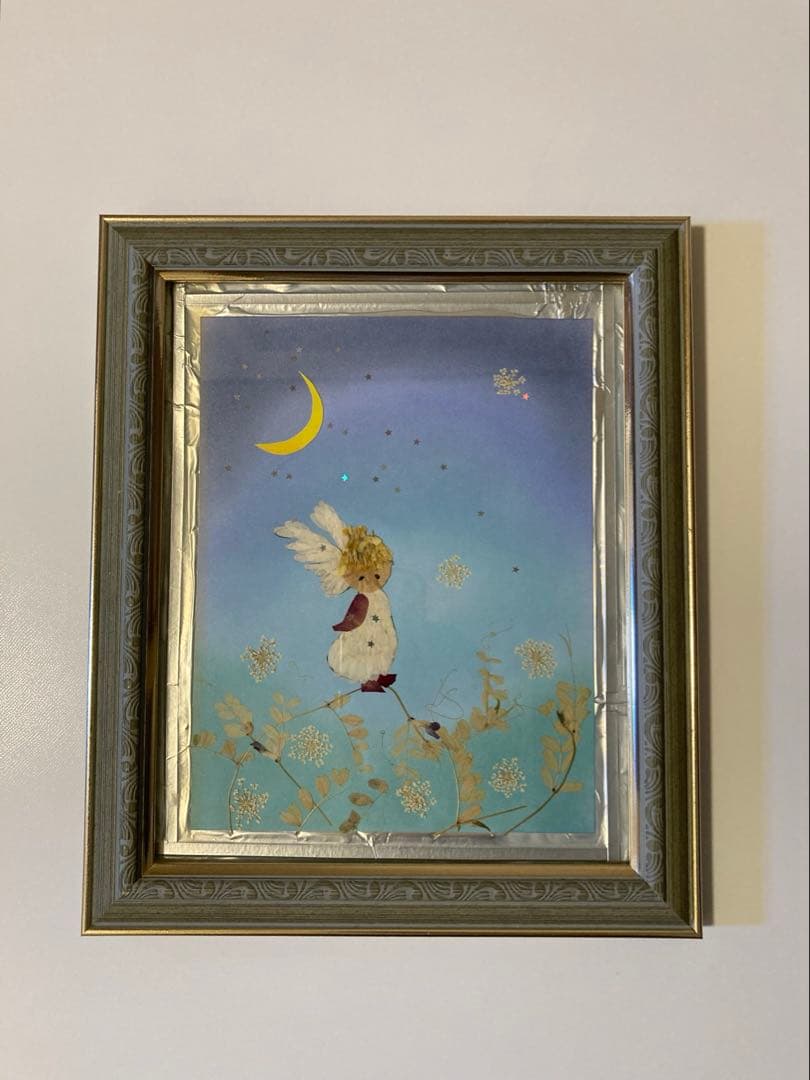 幻想的 月夜の天使 額装アート／ドライフラワー使用31×26cmミクストメディア