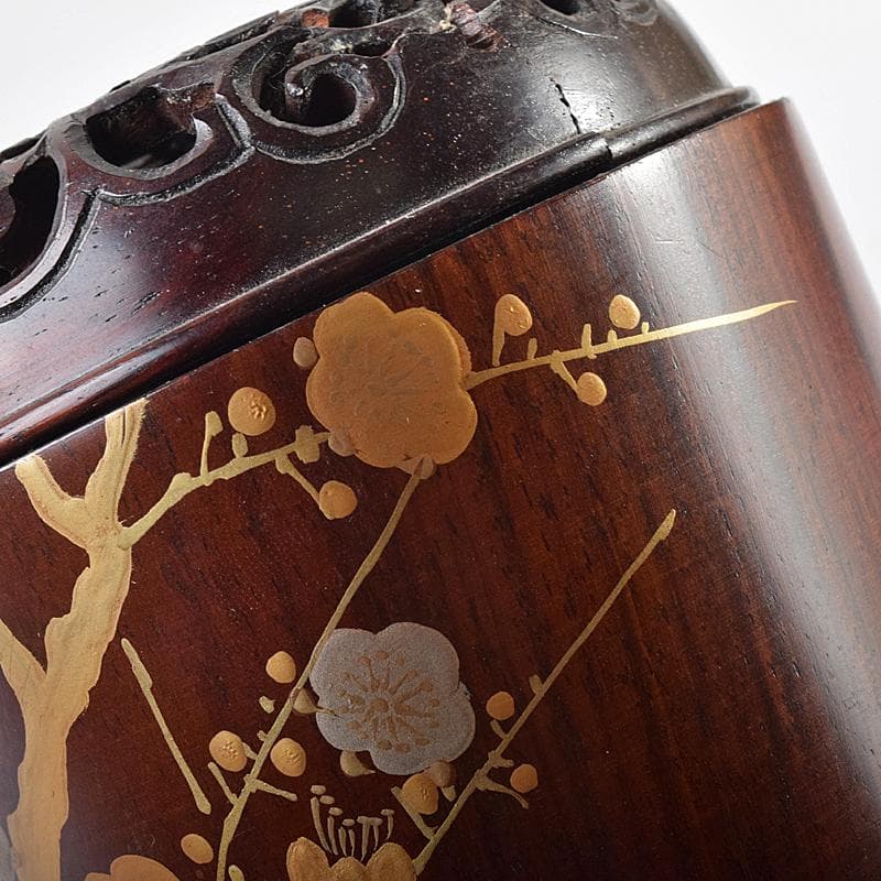 茶道具　荒木省山造　紫檀製　梅蒔絵　総彫蓋香炉　共箱　M　R7844