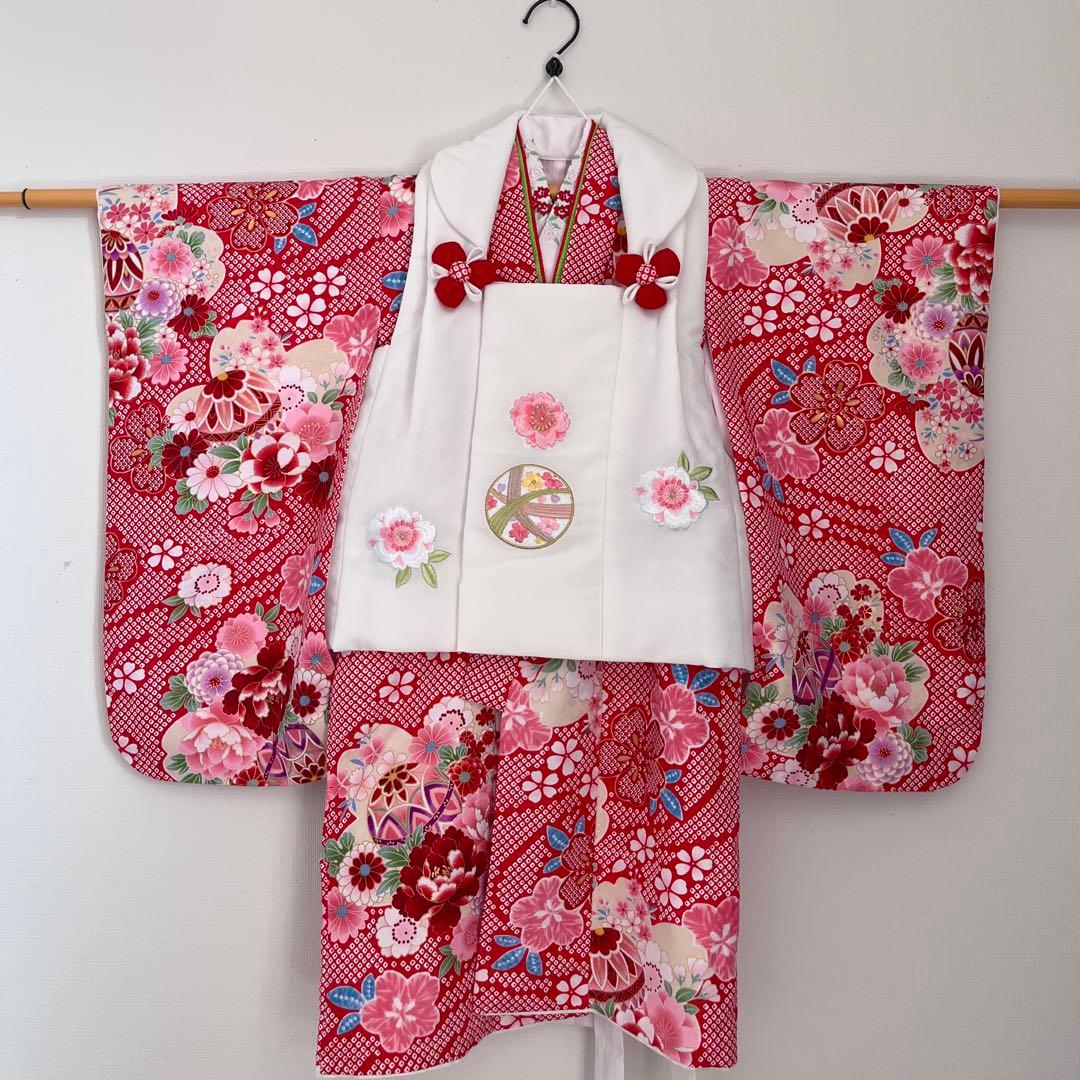 京都花ひめ 七五三 被布着物セット 赤色花柄 3歳華やか絞り風