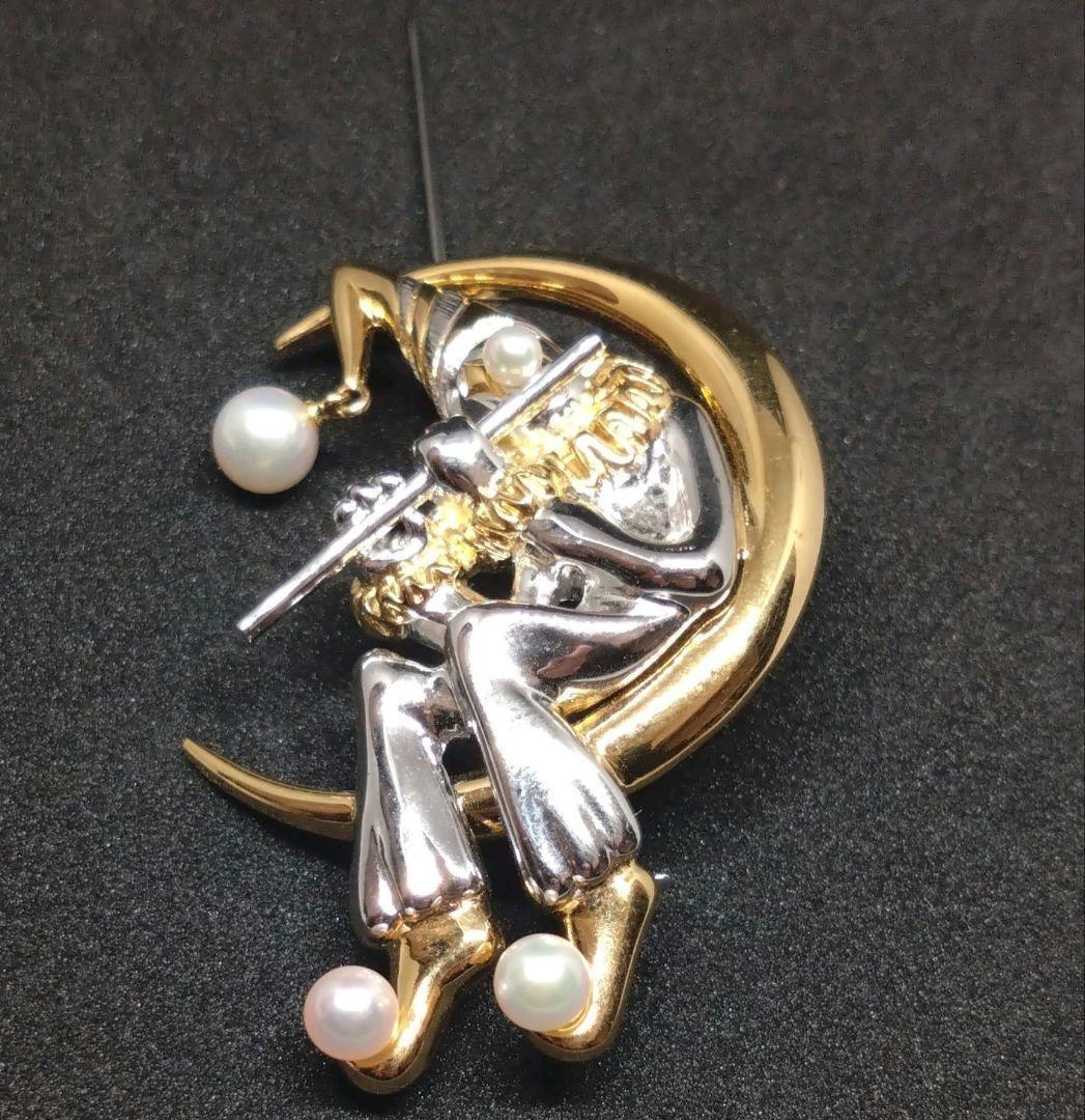 【極美品】ミキモト ブローチ ピエロ 三日月 真珠/パール シルバーゴールド