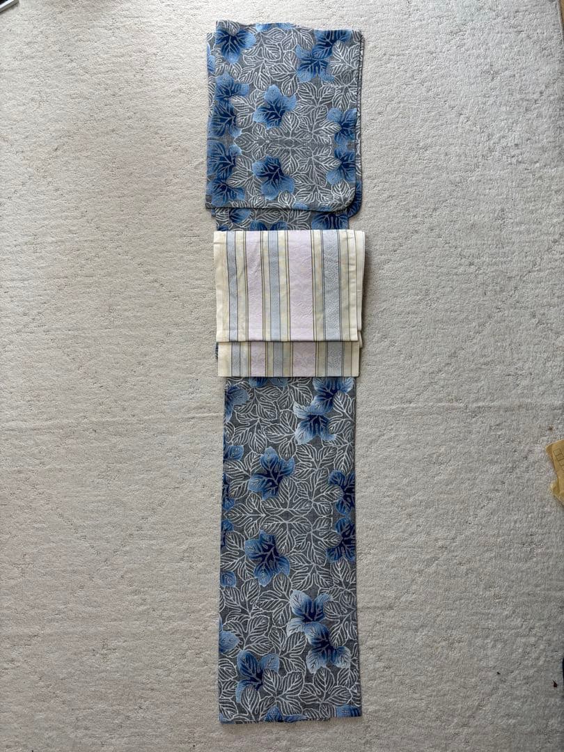 青い葉柄の浴衣　竺仙　綿紬　注染