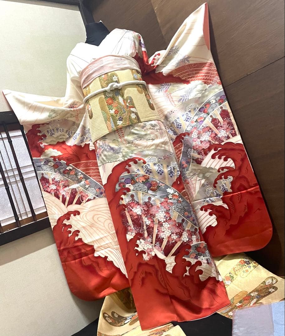 振袖 フルセット6点サイズM〜Ｌ駒刺繍　片輪車吉祥花文　金銀彩　正絹