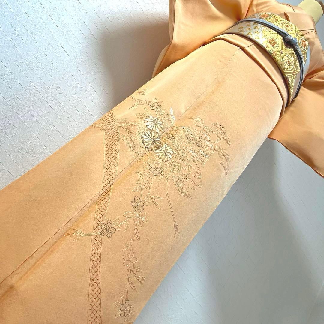 476 訪問着フルセット 正絹 薄オレンジ 薄橙 総刺繍 スワトウ 汕頭 上品