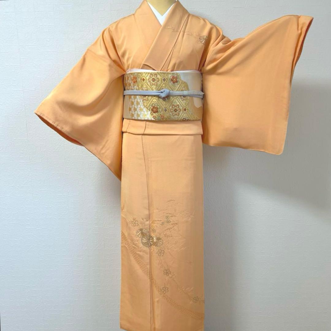 476 訪問着フルセット 正絹 薄オレンジ 薄橙 総刺繍 スワトウ 汕頭 上品