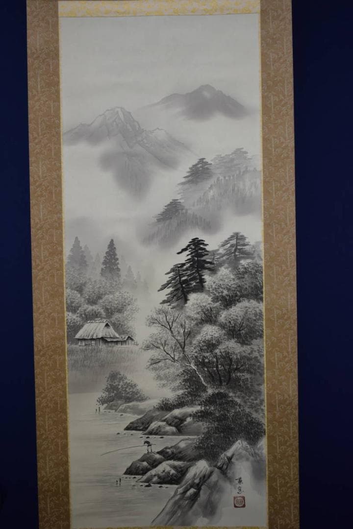 真作/森兼窓/山水釣人図/桐共箱付/布袋屋掛軸HF-54