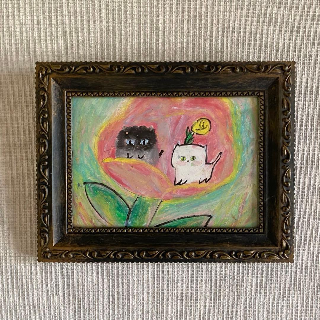 絵画。原画【2匹のかわいい猫がピンクの花の中で花の香りを感じている】